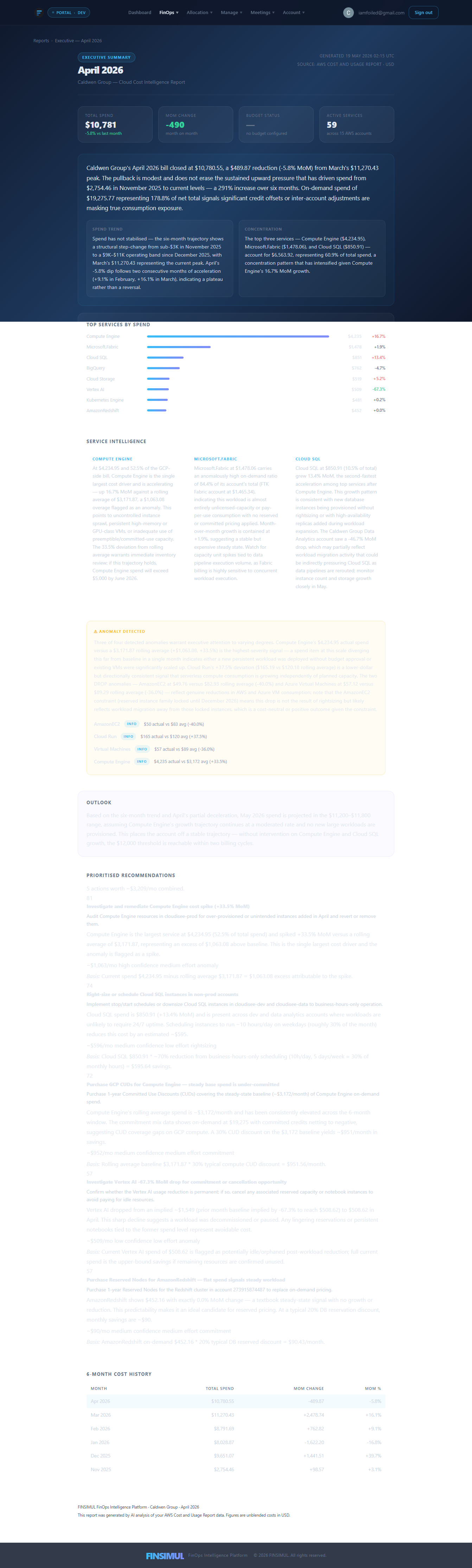 A FINSIMUL period report — executive summary with AI-written analysis and cost trends